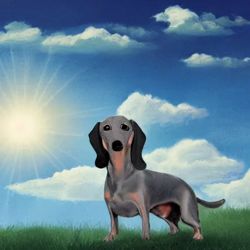 Prompt: an elderly, light gray wire-haired dachshund floating in heaven, blue sky, surrounded by beautiful white clouds, with a halo over his head