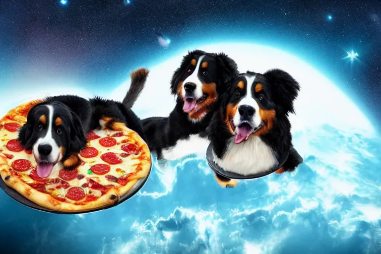 Prompt: a bernese mountain dog standing on a pizza in outer space. the dog is eating a piece of pizza. pizza slices flying with angel wings in background, dark cyan galaxy and stars in background, 4 k photoshopped image, look at that detail