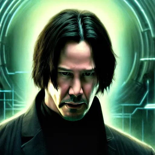 Prompt: keanu reeves, matrix movie, hyperrealism, no blur, 4 k resolution, ultra detailed, style of greg rutkowski, zac retz, kawase hasui, carlos schwabe, eddie mendoza, ryan dening,