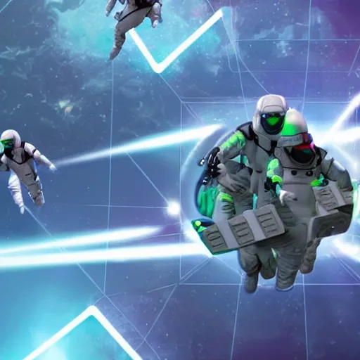 Image similar to futuristic soldiers in spacesuits firing lasers in zero gravity, floating polygon shapes as obstacles, surrounded by a laser grid