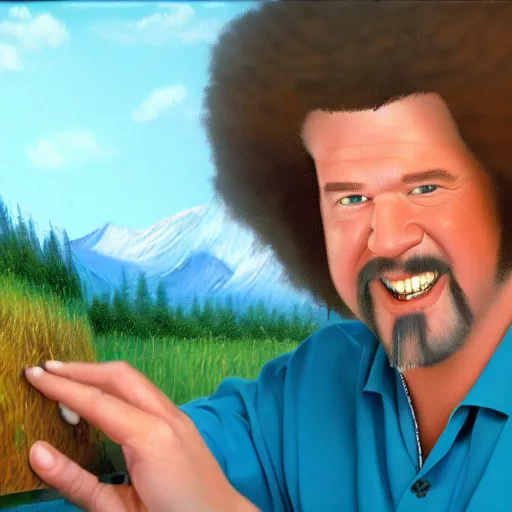 Image similar to a closeup photorealistic photograph of bob ross detailing a canvas painting of kenny powers. film still. brightly lit scene. this 4 k hd image is trending on artstation, featured on behance, well - rendered, extra crisp, features intricate detail, epic composition and the style of unreal engine.