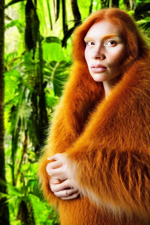 Image similar to a professional portrait photo of a neanderthal woman in the tropical jungles, ginger hair and fur, extremely high fidelity, natural lighting, national geographic magazine cover.