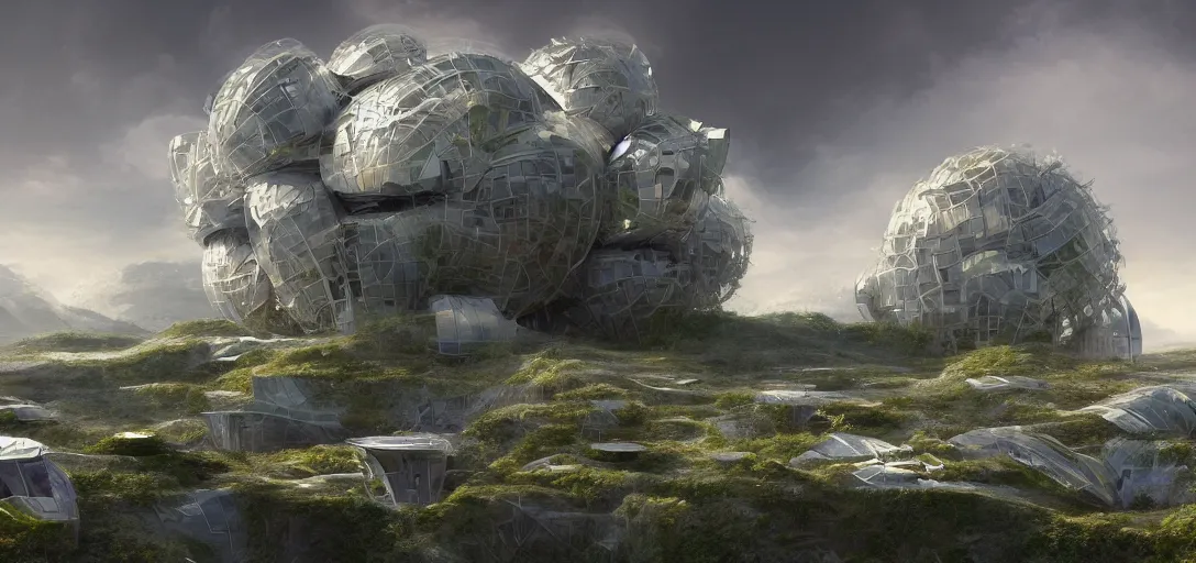 Image similar to a futuristic solarpunk biome, designed by frank gehry, sci - fi, digital art by paul chadeisson