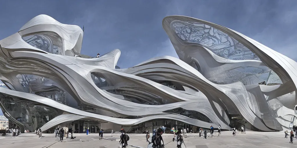 Prompt: extremely detailed ornate stunning beautiful elegant futuristic museum exterior by Zaha Hadid