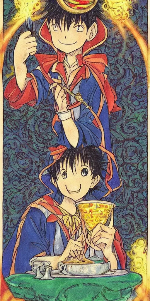 Image similar to a mystical man with a goblet on the table, wizard hat, drawn by Naoko Takeuchi,