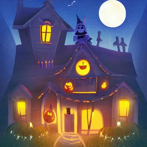 Image similar to very cute adorable digital Illustration of a Halloween house on a round small hill. Glaring lights coming out of the windows. backlit house, moon shining onto the house. Cinematic lighting, movie poster. Award winning digital illustration trending on artstation. art nouveau in the style of Émile Gallé. Very detailed and beautiful digital art