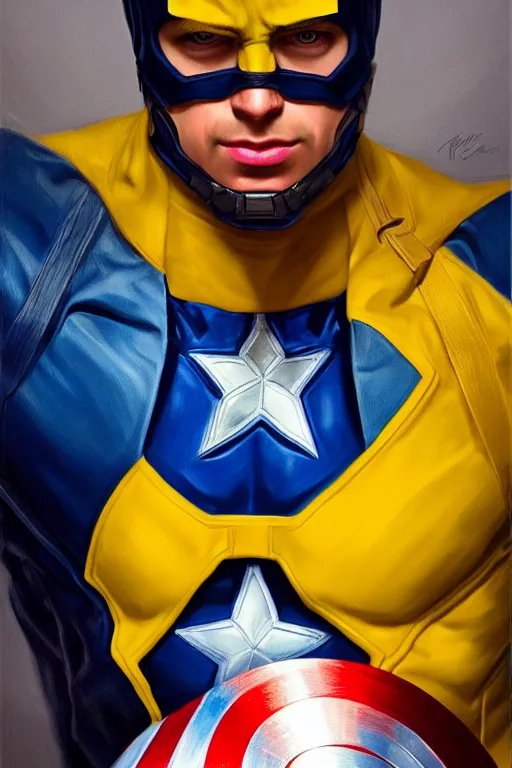 Image similar to hyperrealistic painting of Captain America in blue and yellow colors, oil on canvas, in the style of J.C. Leyendecker, Ross Tran and WLOP, 4k, smooth, sharp focus, extremelydetailed