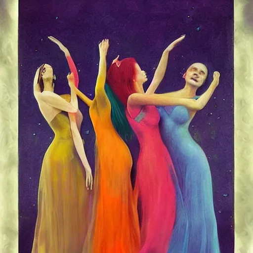 Prompt: The performance art is a beautiful work of art. The three graces are depicted as beautiful young women, each with their own unique charms. The performance art is full of color and life, and the women seem to radiate happiness and joy. by Chris Moore haunting
