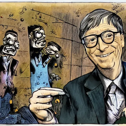 Image similar to bill gates holding a vaccine in his hand, Body horror, by Ralph Steadman