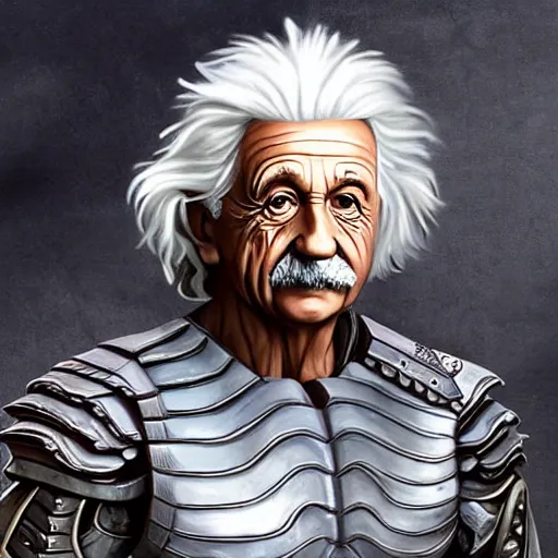 Image similar to muscular albert einstein wearing daedric armor wielding a daedric battleaxe d & d detailed photo photorealistic