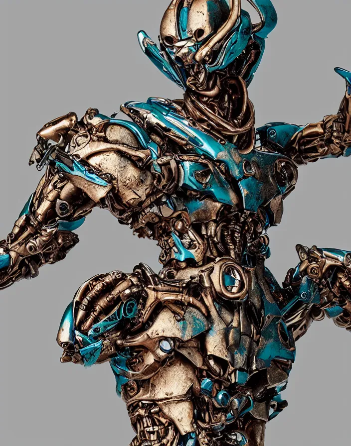 Prompt: positing on rock !!!Guyver!!! Apollo sculpture with many biomechanical details, full lenght view. Vogue magazine. halo. octane rendering, cinematic, hyperrealism, octane rendering, 8k, depth of field, bokeh. iridescent accents. vibrant. teal gold and red color scheme