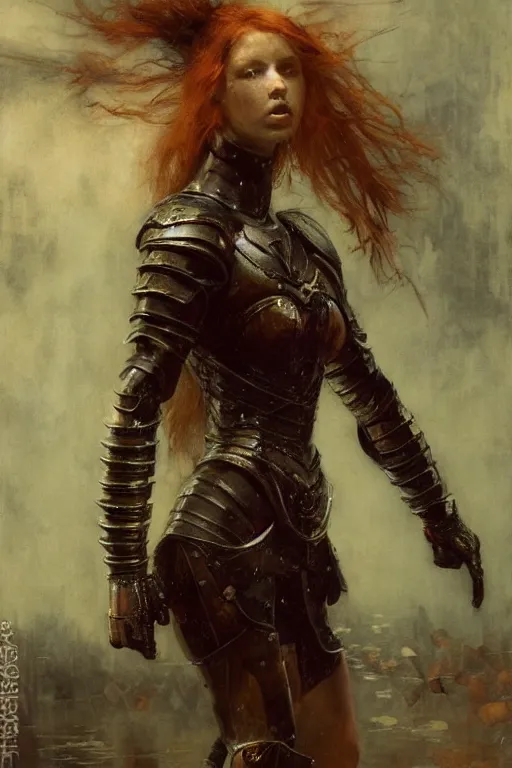 Image similar to muscular redhead young woman wearing black medieval armour, bare legs, detailed, by gaston bussiere, bayard wu, greg rutkowski, giger, maxim verehin, greg rutkowski, masterpiece, sharp focus, cinematic lightning