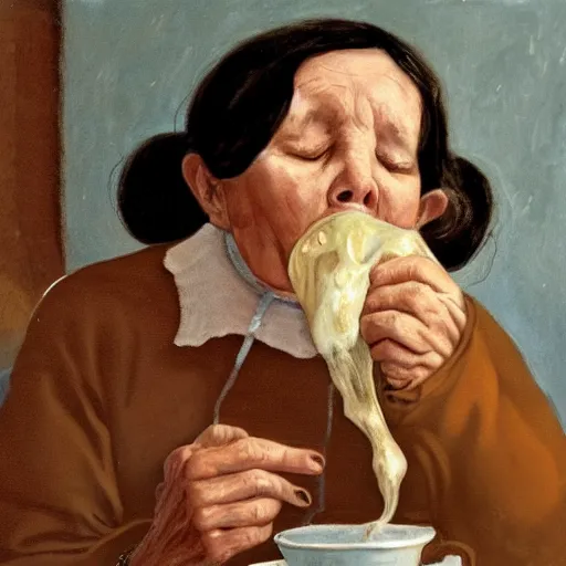 Image similar to an old woman swallowing a whole cat