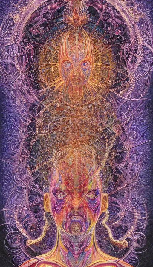 Prompt: Chromatic crystal themed painting of ancient psytrance monk fantasy human beautiful symmetrical anatomy concept, infinity glyph, intricate artwork by, Alex Grey, Johnatan Wayshak, Zdizslaw Beksinski, Ayami Kojima, Amano, Karol Bak, Greg Hildebrandt, and Mark Brooks, Neo-Gothic, gothic, rich deep colors, art by Takato Yamamoto, masterpiece, face by Artgerm, H.R. Giger, very coherent artwork, cinematic, hyper realism, high detail, octane render, unreal engine, 8k, High contrast, golden ratio, trending on cgsociety, ultra high quality model, production quality cinema model