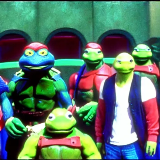 Prompt: screenshot from the missing episode of the 90s tv show sliders where the sliders met up with the teenage mutant ninja turtles