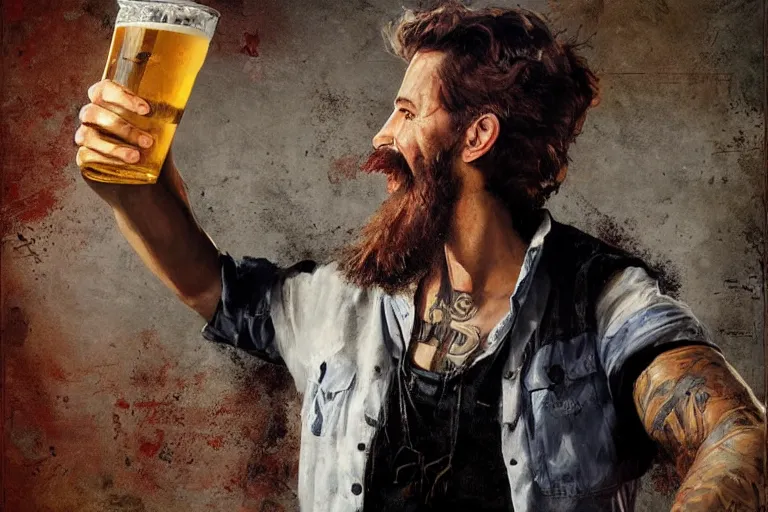 Image similar to a young man holding a beer giving a thumbs up with a long beard, 80s poster, detailed, uncropped, painted by Bastien Lecouffe-Deharme