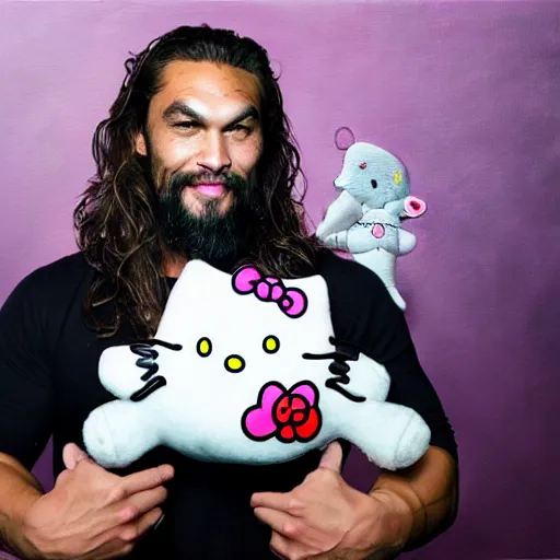 Prompt: Jason Momoa holding a Hello Kitty plushie, lowbrow painting by Mark Ryden