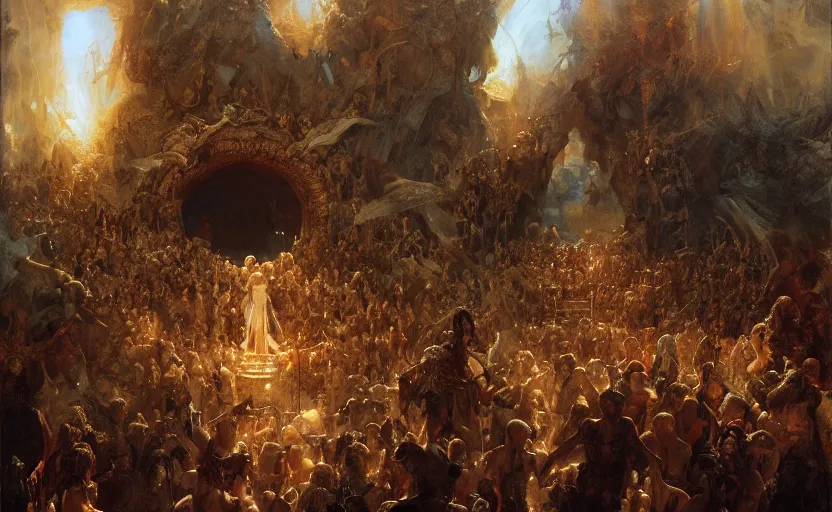 Prompt: alvah angelrune water portal to hell located in heaven, crowd of people, rule of thirds, 4 k, dark bright effect, highly detailed painting by gaston bussiere, craig mullins, j. c. leyendecker, michelangelo