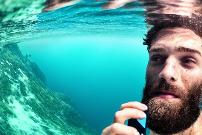 Prompt: high quality 4 k resolution photo of poseidon taking a selfie of himself underwater look king confused