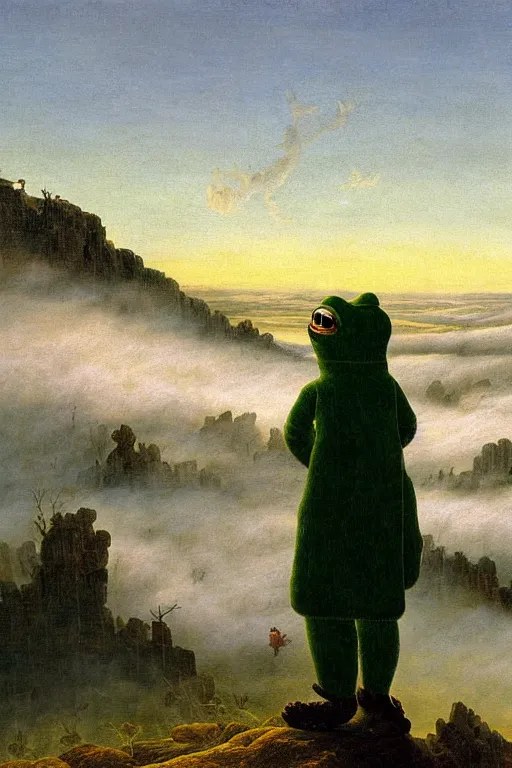 Image similar to Pepe the Frog in painting Wanderer above the Sea of Fog by Caspar David Friedrich,