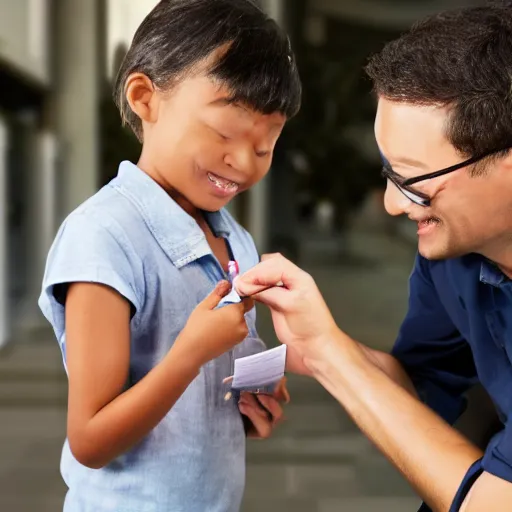 Image similar to a child exchanging a ticket for a coin from an adult, photorealistic