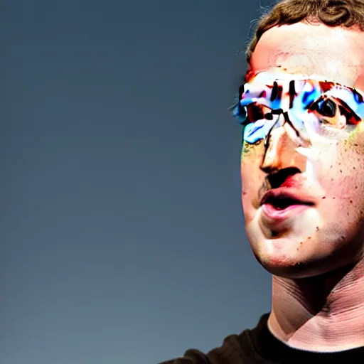 Prompt: extremely zoomed-in photo of Mark Zuckerberg's sad face being sad