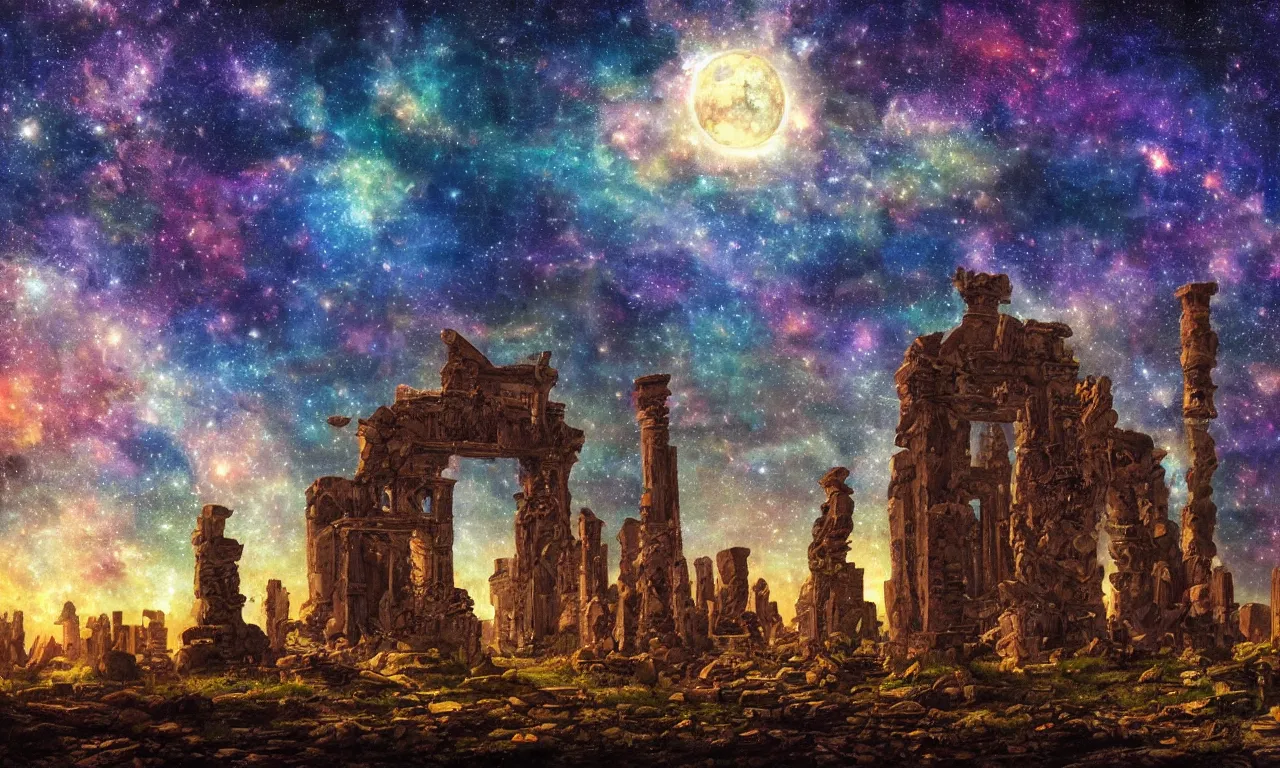 Prompt: A beautiful painting of cosmic ruins under the night sky, ultra HD, 4K, detail