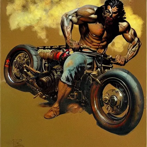 Image similar to into glory ride, artwork by Frank Frazetta, motorcycle, muscular man