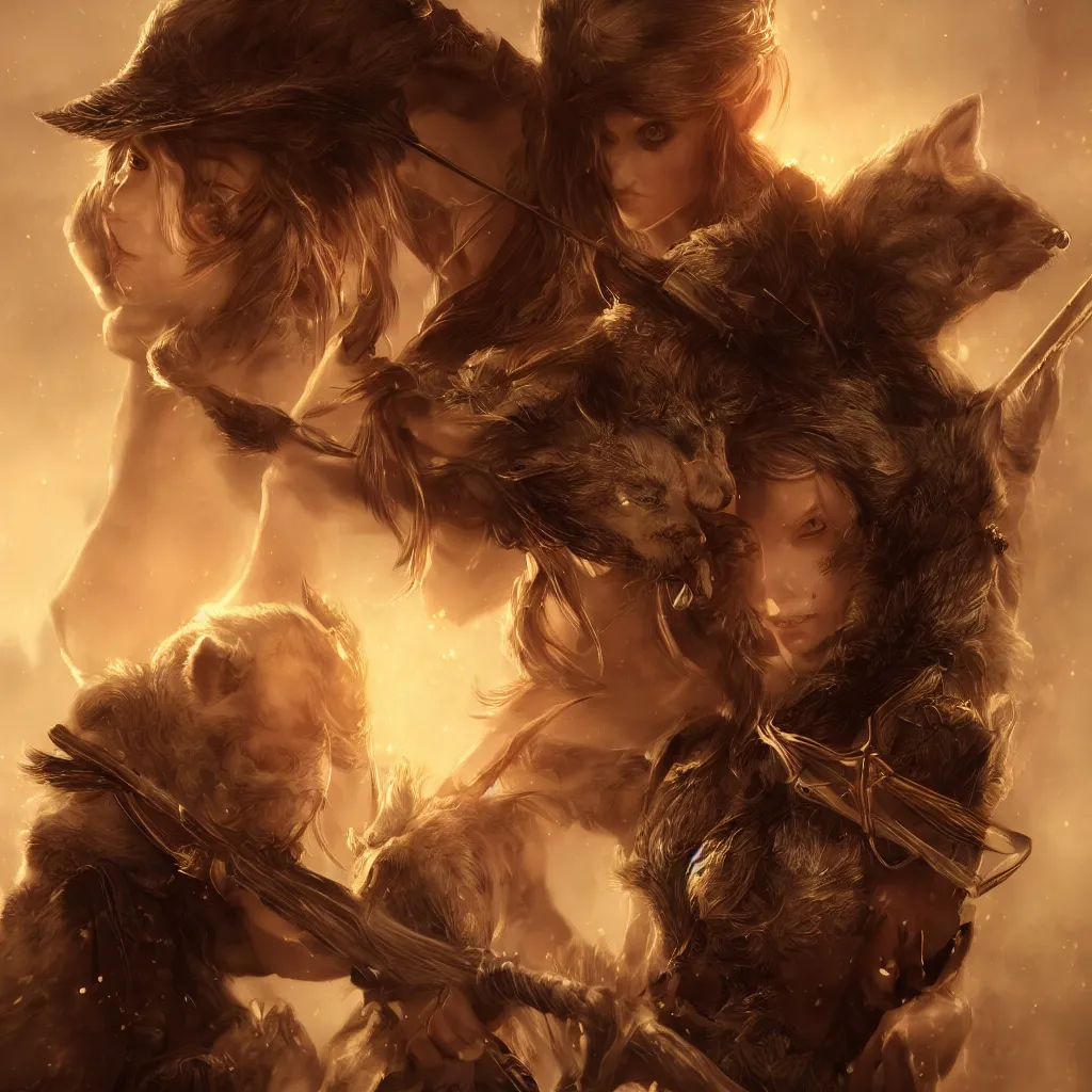 Image similar to cinematic bust portrait of one Photorealistic single powerful angry female D&D elf ranger holding a longbow, with a pet wolf. Magical occult photorealism, UHD, amazing depth, glowing, golden ratio, 3D octane cycle unreal engine 5, volumetric lighting, cinematic lighting, cgstation artstation concept art