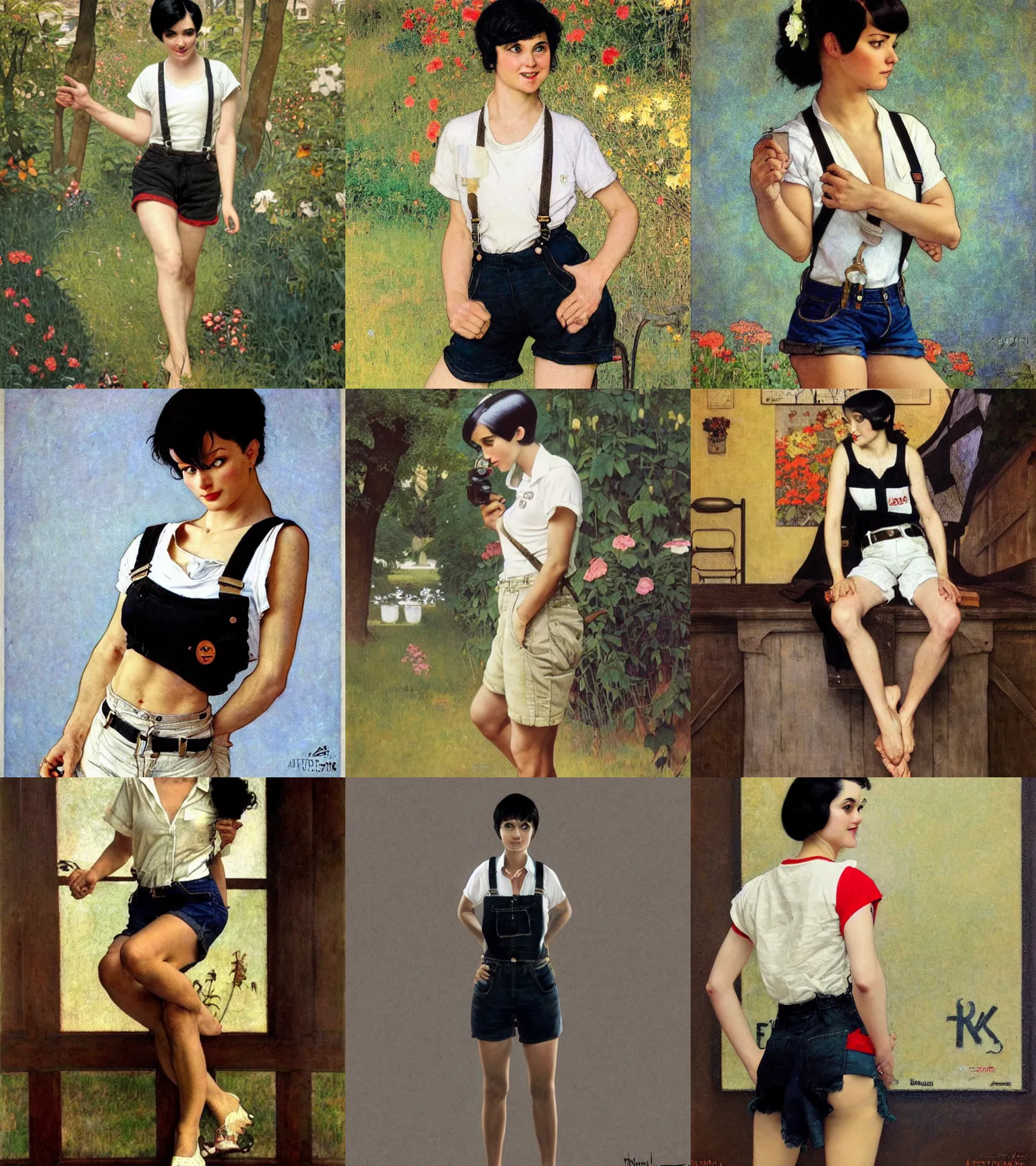 Prompt: a woman with black hair and long pixie haircut in shorts with suspenders and white t-shirt drawn by alphonso azpiri, norman rockwell, frank frazetta, peter paul rubens, alphonse mucha, gustav klimt 4k, unreal 5, DAZ, french noveau, trending on artstation, octane render, hyperrealistic