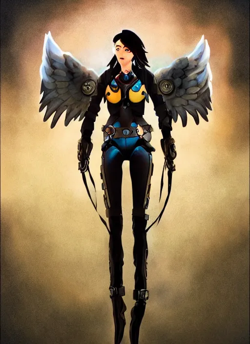 Prompt: full body artwork of tracer overwatch, wearing leather outfit, in style of zdzisław beksinski, angel wings, dramatic painting, symmetrical composition, wearing detailed steel collar, black shiny armor, chains, black harness, detailed face and eyes,