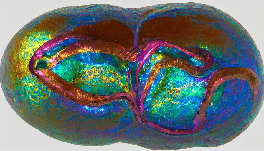 Image similar to fantastical, sweeping, metallic collage, painstakingly precise and meticulously delicate layers of mylar rainbow sculptures of a human squid embryo inside a copper sulphate sphere. perfect focus and discrete smooth bezier outlines. 3 5 mm film, flood lighting, museum display