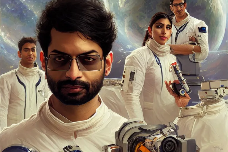 Image similar to Sensual good looking pale young Indian doctors wearing Deus Ex clothing in a space station above Earth, portrait, elegant, intricate, digital painting, artstation, concept art, smooth, sharp focus, illustration, art by artgerm and greg rutkowski and alphonse mucha