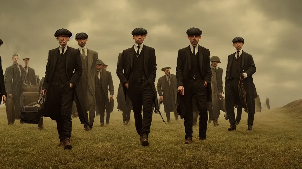 Image similar to the peaky blinders made of of peanuts, film still from the movie directed by denis villeneuve with art direction by zdzis