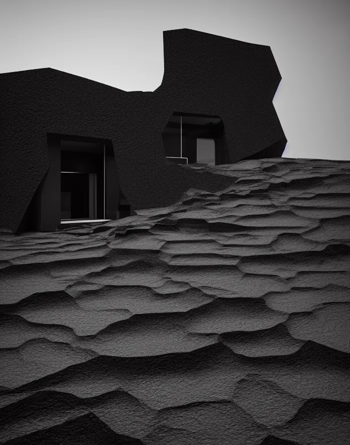 Image similar to tall black geometric house, embedded in lava cliff, full view, black house, molten metal house, minimal, rippled white landscape, dwarven architecture, light from molten iron, octane render, hyper realistic, 8 k, octane render