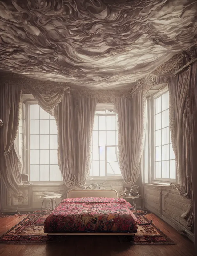 Image similar to an ultra wide angle photo of a bed hovering above the floor in the middle of a giant victorian bedroom with windows opening to other worlds by casey weldon and lee madgewick, photorealistic, octane render, recursive, flowing, cascading, multiverse, labyrinthine