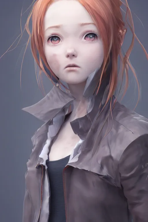 Image similar to Very complcated dynamic composition, realistic anime style at Pixiv, Zbrush sculpt colored, Octane render in Maya and Houdini VFX, young redhead girl in motion, wearing jacket and skirt, silky hair, black stunning deep eyes. By ilya kuvshinov, krenz cushart, Greg Rutkowski, trending on artstation. Amazing textured brush strokes. Cinematic dramatic soft volumetric studio lighting