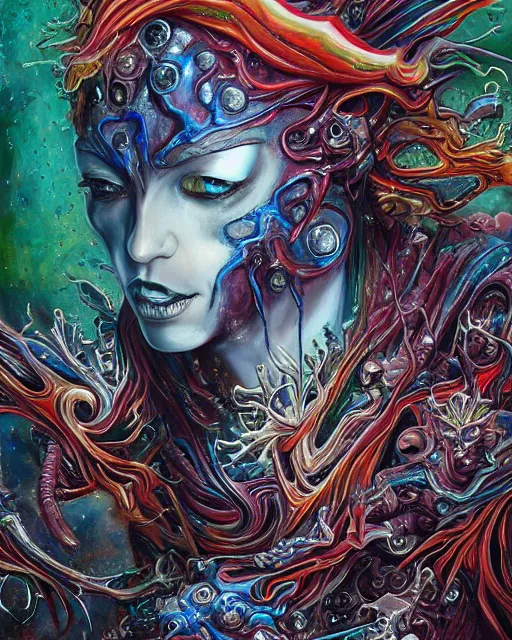 Image similar to silver mechanical charred bloody fleshmetal cyborg daemonhost woman psychedelic flamer of tzeentch, blue and green rainbow fire, by antonio j. manzanedo, alex grey, android jones, wayne barlowe, philippe druillet, raymond swanland, cyril rolando, josephine wall, harumi hironaka, cronenburg, trending on artstation