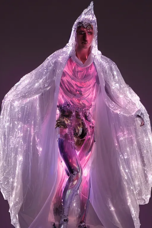 Prompt: full-body rococo and cyberpunk delicate crystalline sculpture of a muscular iridescent slender Spanish male as a humanoid deity wearing a thin see-through plastic hooded cloak sim roupa, reclining con las piernas abiertas, glowing pink face, crown of white lasers, large diamonds, swirling black silk fabric. futuristic elements. oozing glowing liquid, full-length view. space robots. human skulls. throne made of bones, intricate artwork by caravaggio. Trending on artstation, octane render, cinematic lighting from the right, hyper realism, octane render, 8k, depth of field, 3D