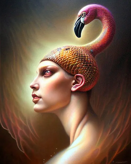 Image similar to a detailed portrait of dreampunk flamingo python hybrid mix beautiful! goddess by tomasz alen kopera and peter mohrbacher