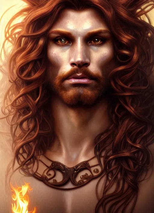 Image similar to portrait of demigod hercules, long wavy auburn hair, lion mane, glowing eyes, volumetric lights, forest, art nouveau botanicals, gothic, intricate, highly detailed, digital painting, artstation, concept art, smooth, sharp focus, symmetric face, illustration, steampunk, art by artgerm and greg rutkowski and alphonse mucha