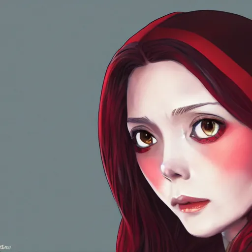 Image similar to Anime portrait of Elizabeth Olsen as Scarlet Witch, trending on artstation, artstationHD, artstationHQ, anime style, 4k, 8k