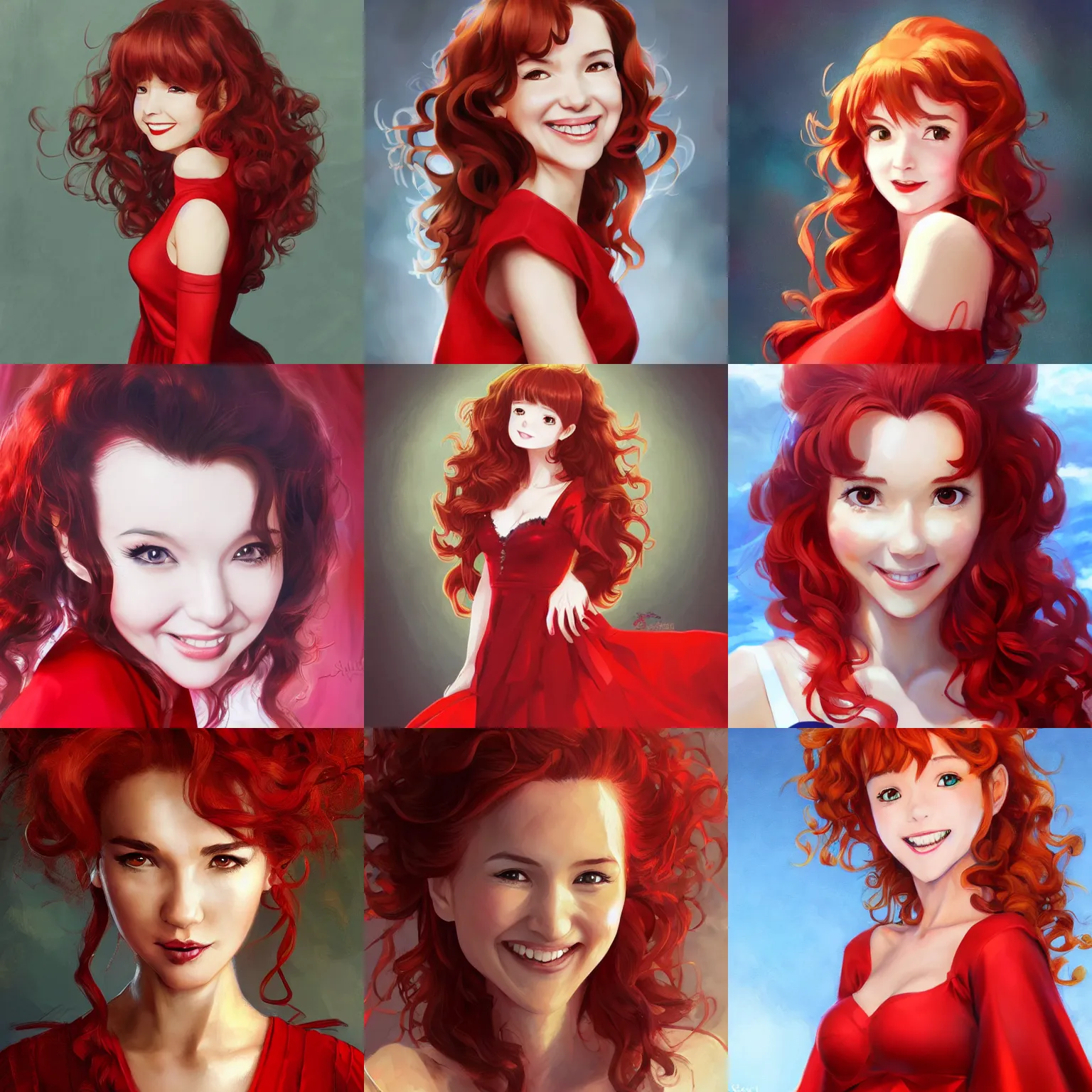 Prompt: A medium shot anime portrait of a smiling Natalia Oreiro with curly ginger hair, wearing a red dress, young, by Stanley Artgerm Lau, WLOP, Rossdraws, James Jean, Andrei Riabovitchev, Marc Simonetti, and Sakimi chan, trending on artstation