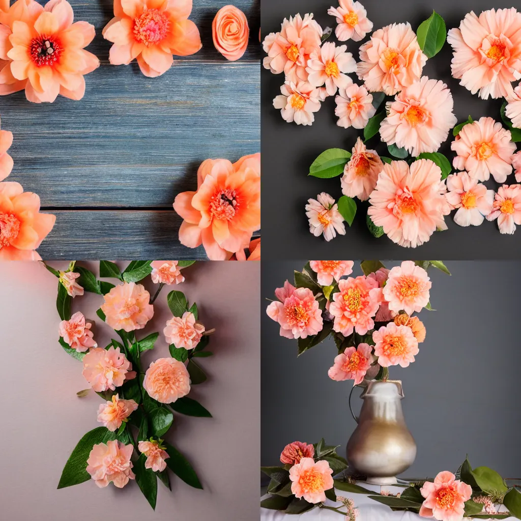 Prompt: beautiful arrangement of assorted peach flowers on a light backdrop with copy space on top