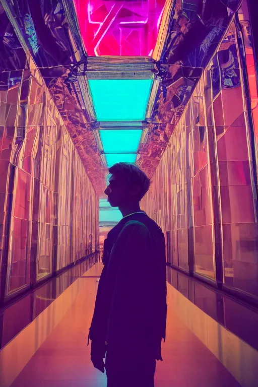 Image similar to agfa vista 4 0 0 photograph of a skinny guy in a hall of mirrors, futuristic, synth vibe, vaporwave colors, lens flare, flower crown, back view, moody lighting, moody vibe, telephoto, 9 0 s vibe, blurry background, grain, tranquil, calm, faded!,