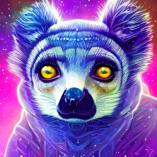 Image similar to Geometric symmetrical lemur with galaxy eyes in space, nebula in the background, intricate, elegant, highly detailed, digital painting, artstation, concept art, smooth, sharp focus, illustration, art by artgerm