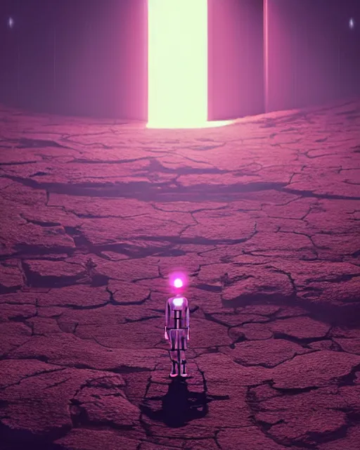 Image similar to a robot standing in front of a glowy open door that's on a barren moon, poster art by mike winkelmann, trending on cg society, space art, sci - fi, ue 5, futuristic, volumetric lighting, light casting onto the ground, neat composition and camera angle