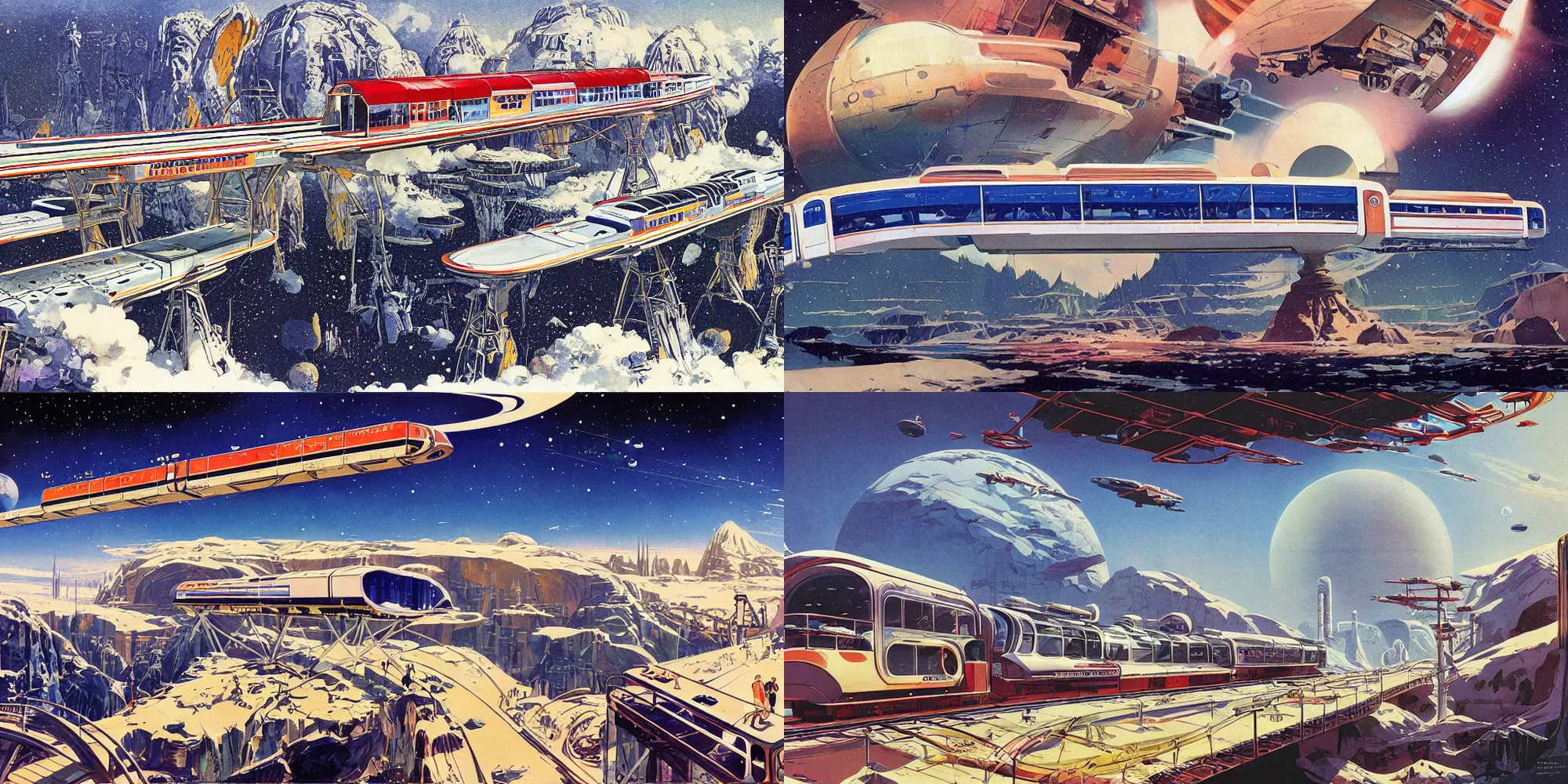 Prompt: a beautiful illustration of a retro futurism elevated railway on another world by Robert McCall| sparth:.2 | Time white:.3 | Rodney Mathews:.3 | Graphic Novel, Visual Novel, Colored Pencil, Comic Book:.2