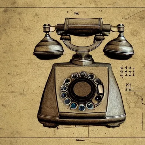 Image similar to blueprints of the first phone, illustrated by leonardo da vinci, trending on artstation, 4 k digital art, polycount