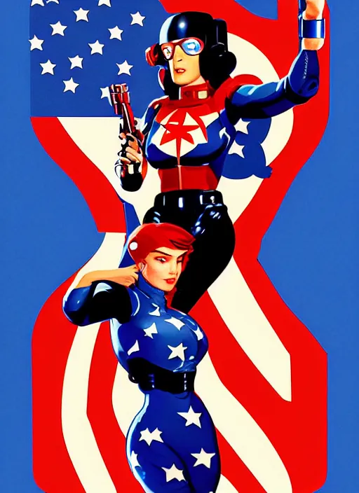 Image similar to patriotic american propaganda poster. cyberpunk female supersoldier. portrait by jean giraud and anton otto fischer and john philip falter and will eisner and gil elvgren and pixar. realistic proportions. character art. science fiction d & d. tf 2, overwatch, rb 6 s, cyberpunk 2 0 7 7, blade runner 2 0 4 9.